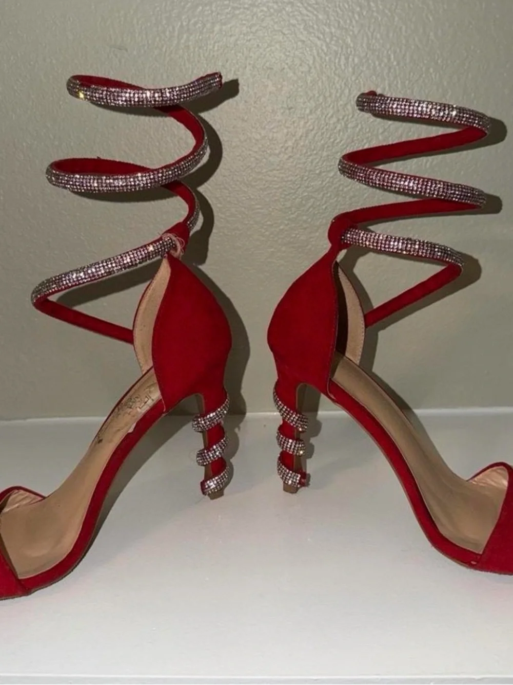 Wild Diva Red Rhinestone Spiral Ankle-Wrap Heels